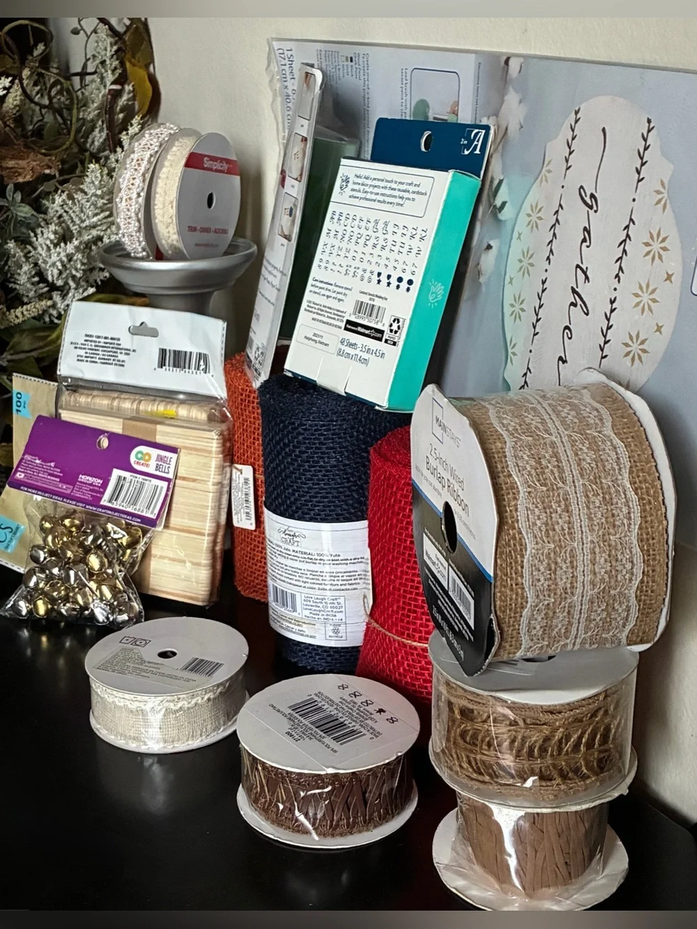 NWT Assorted Craft Bundle Set: Burlap/Ribbons/Stencils/Craft Sticks/Jingle Bells